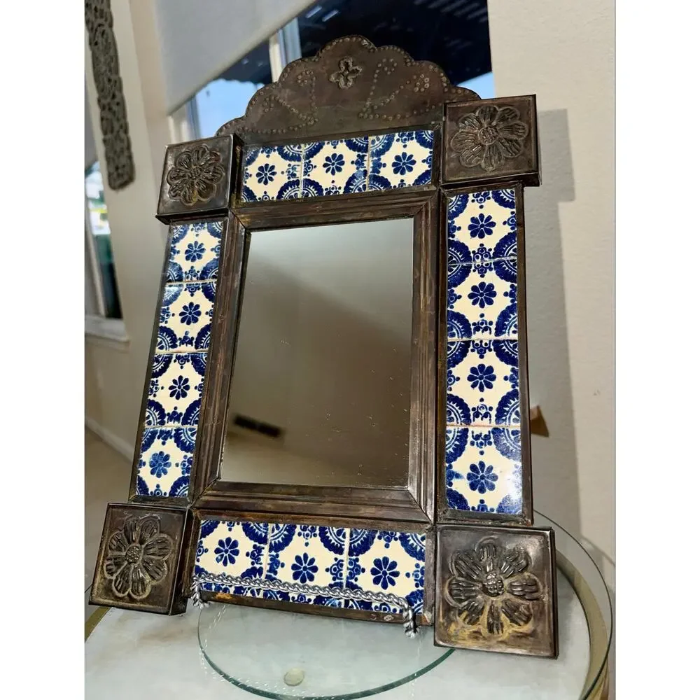 Vintage Mexican Talavera Tile Tin Wall Mirror Blue White Folk Art 20 x 12